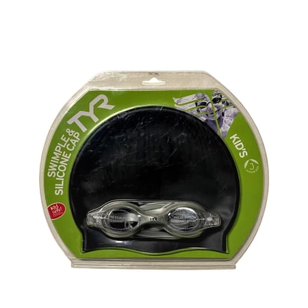 Youth Junior Size TYR Silicone Black Swim Cap and Silver Goggle Combo Set
