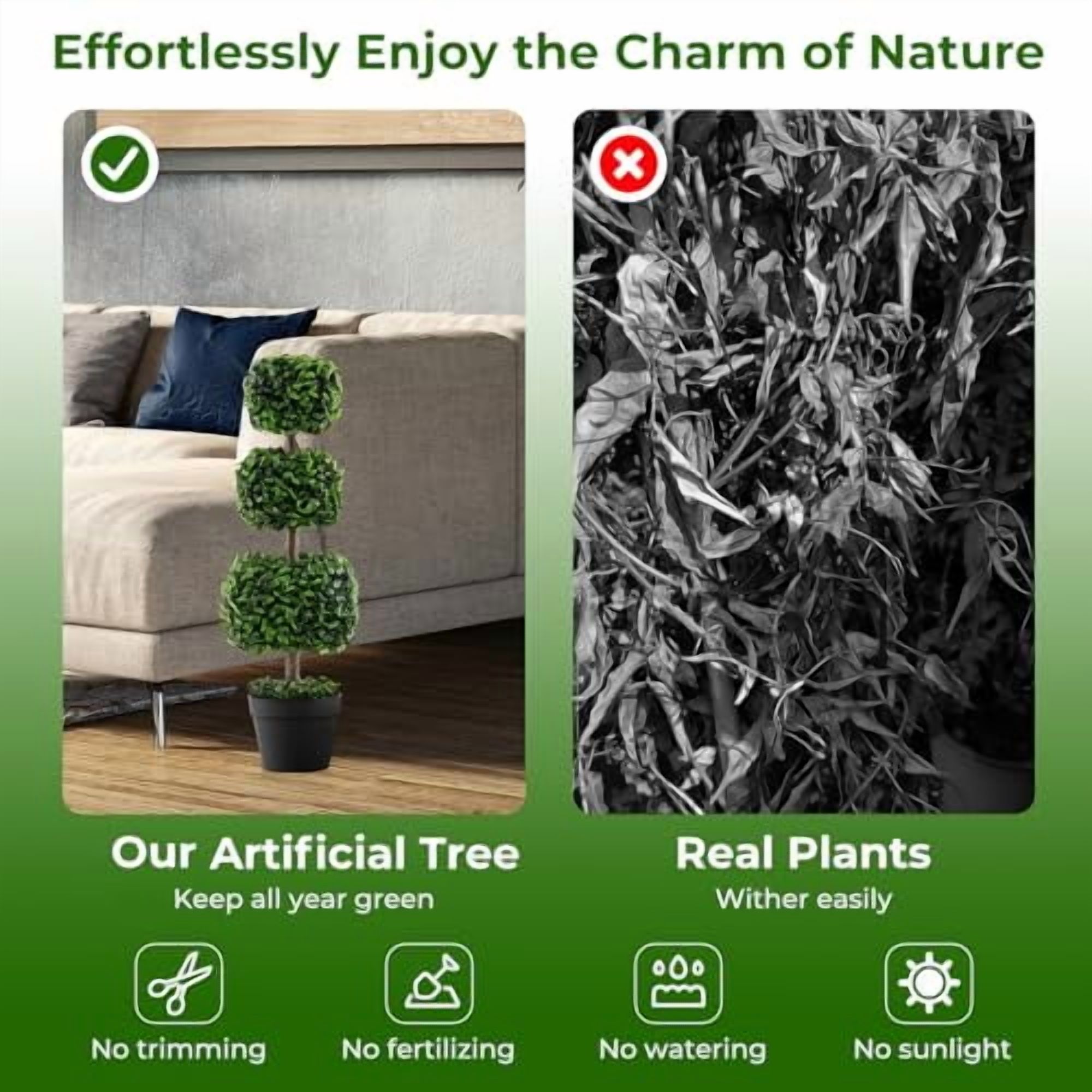 GOFLAME 35” Artificial Boxwood Topiary Tree, 2 Pack Faux Triple Square-Shaped Ball Tree with Cement-Filled Plastic Pot, UV Resistant Fake Shrubs Plant, Indoor Outdoor Potted Topiar