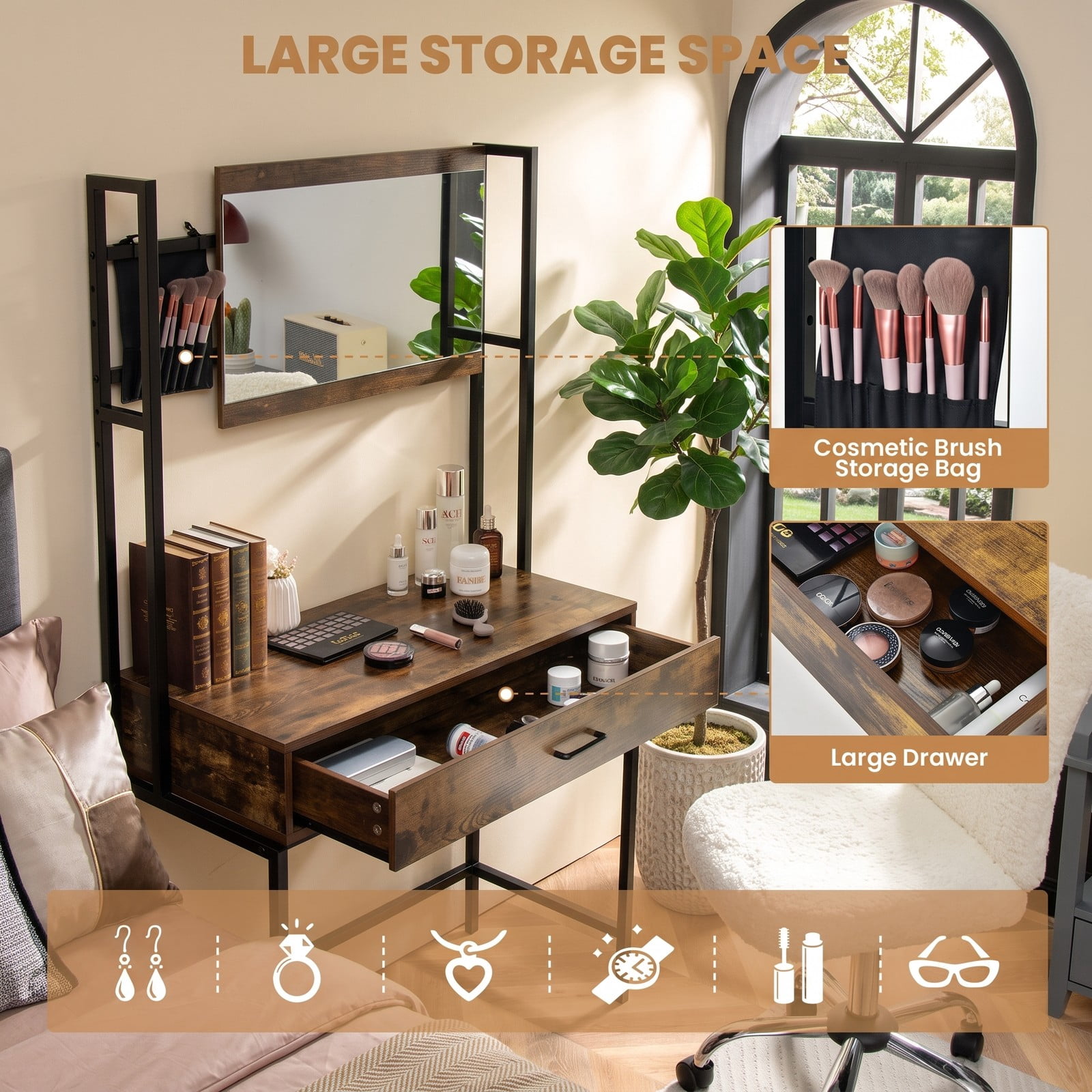 Furnibear Industrial Vanity Table with 3-Height Adjustable Mirror, Makeup Dressing Table with Sliding Drawer and Brush Bag, Rustic Brown