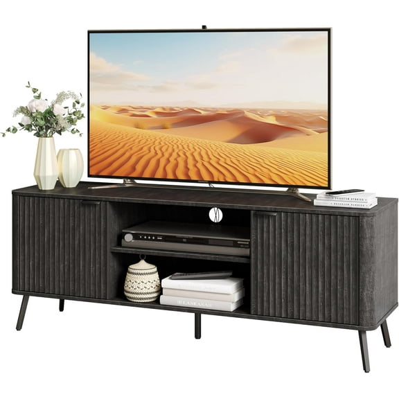 TV Stand, 58" Modern Media TV Console Table with Storage for 55/60/65 inch TV, Mid Century Entertainment Center with Fluted Door Cabinets and Open Shelves TV Cabinet for Living Room, Bedroom