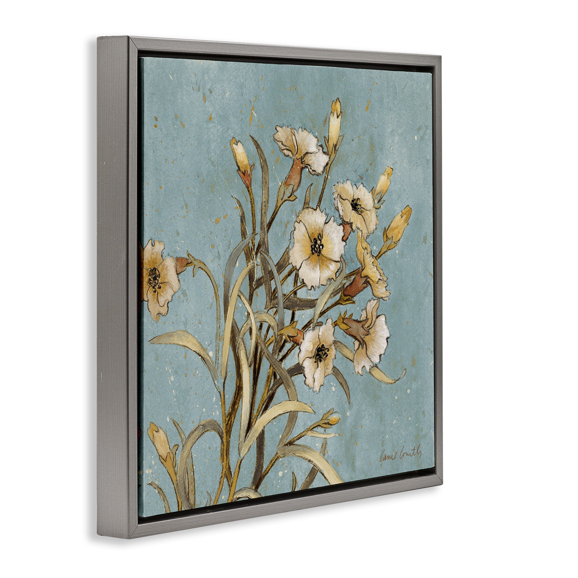 Stupell Industries Natural Blooming Buds Botanical & Floral Painting Gray Floater Framed Canvas Art Print Wall Art, 25 x 25
