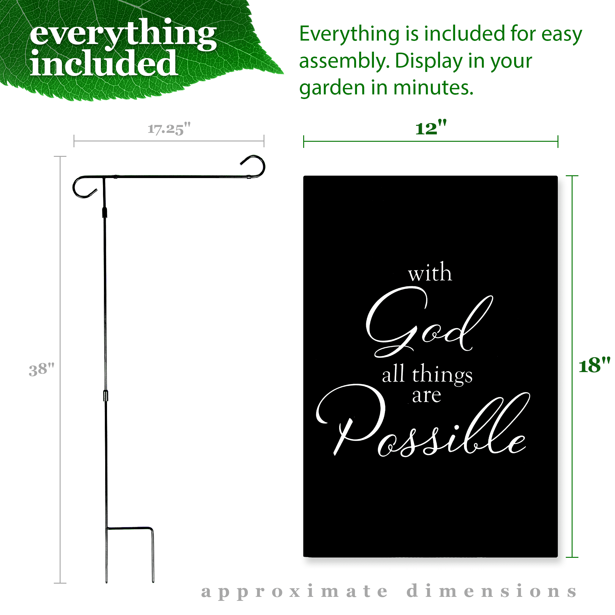 G128 Combo Pack Garden Flag Stand Black 36x16IN & Garden Flag With God All Things Possible Printed 12x18IN Double Sided Yard Garden Lawn Decoration