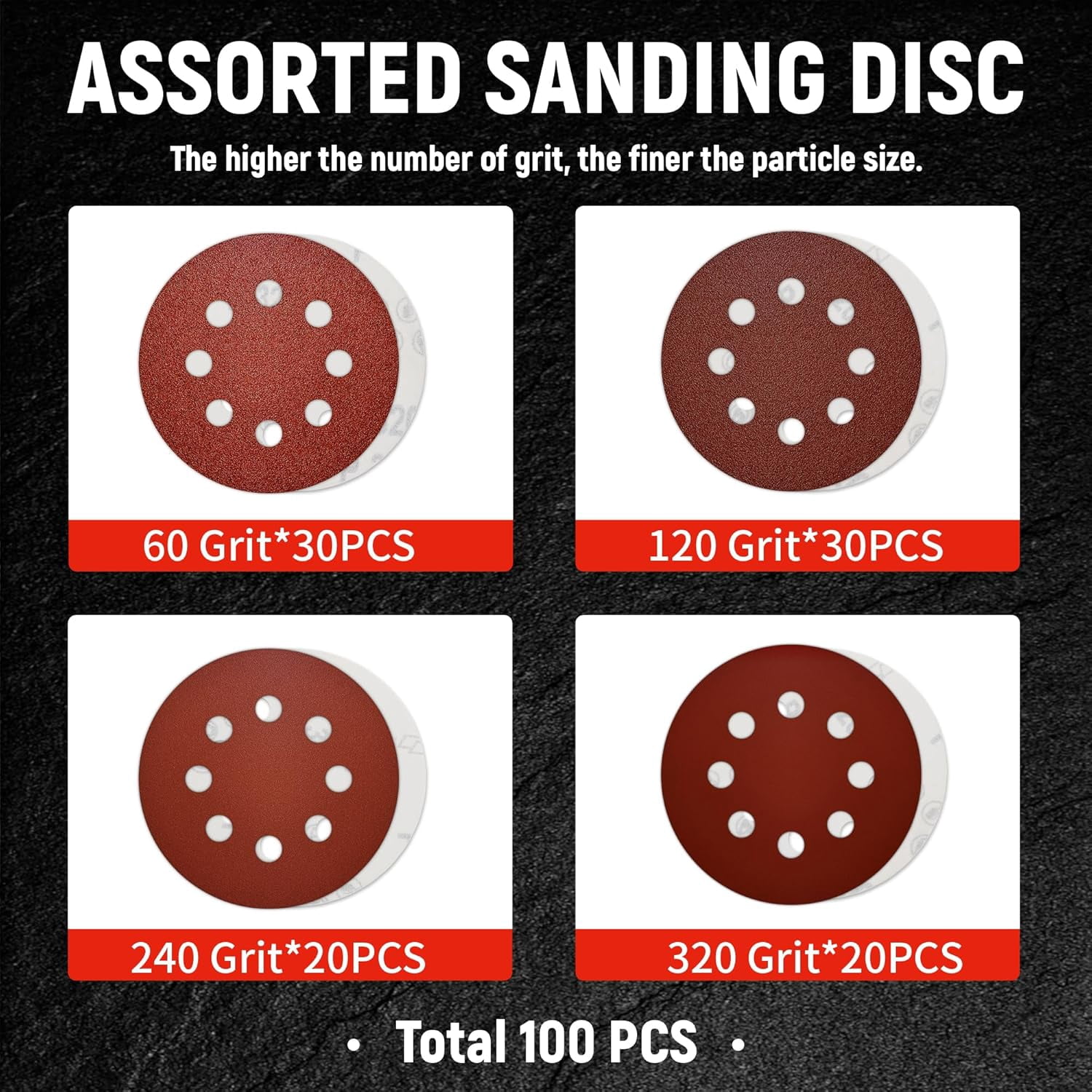 FRKSMD-5 Inch Sanding Discs Hook and Loop, 8 Hole Random Disc Sanders & Orbital Sander Pads for Wood with Variety Pack, 60, 120, 240, 320 Grit - 100 PCS Dustless Round Sanding Discs