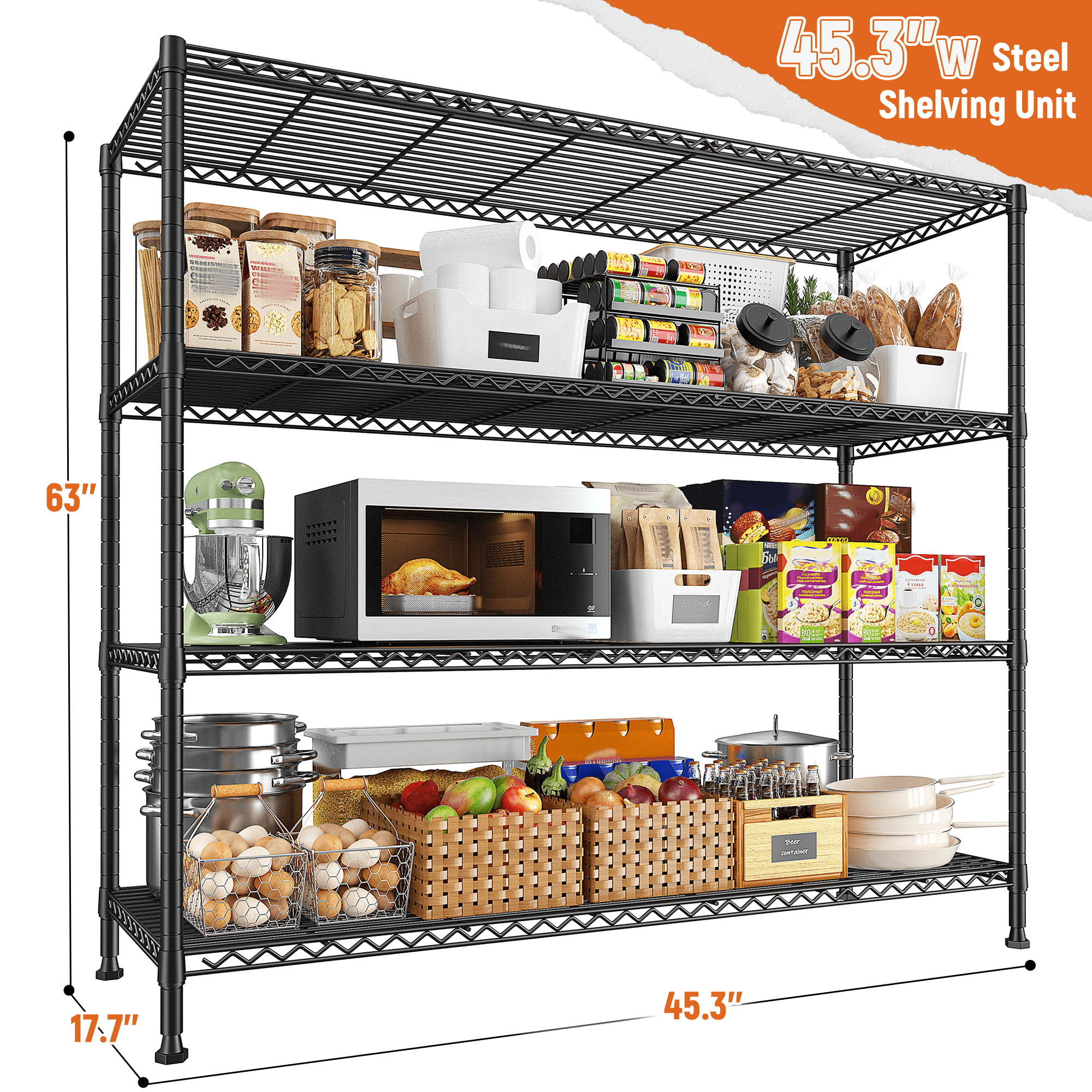 REIBII 45.3"W 4 Tier Metal Shelves Adjustable Wire Shelving for Storage Pantry Kitchen Living Room Shelves
