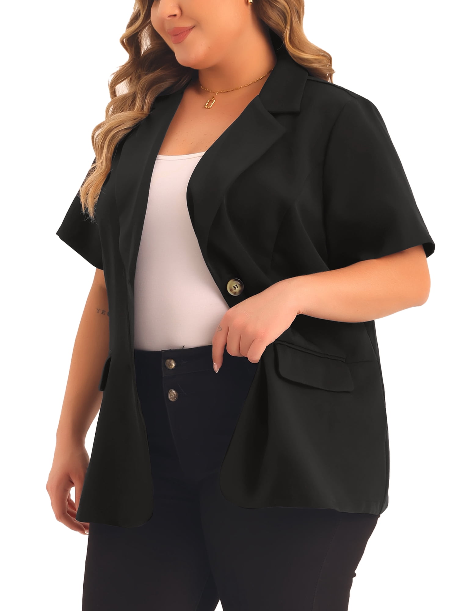 DARING DIVA Women's Plus Casual Blazers Short Sleeve Notched Lapel Blazer 1X Black
