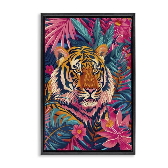 Stupell Industries Tropical Tiger Among Leaves Animals Painting Black Floater Framed Canvas Art Print Wall Art, 17 x 25