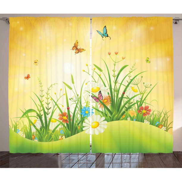 Spring Curtains 2 Panels Set, Idyllic Scenery of Summertime Daisy and