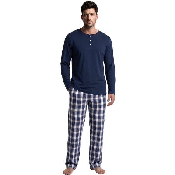 Vulcanodon Mens 100% Cotton Lightweight Sleepwear Pajamas Set Cozy 2 Piece with Plaid Pants Pjs