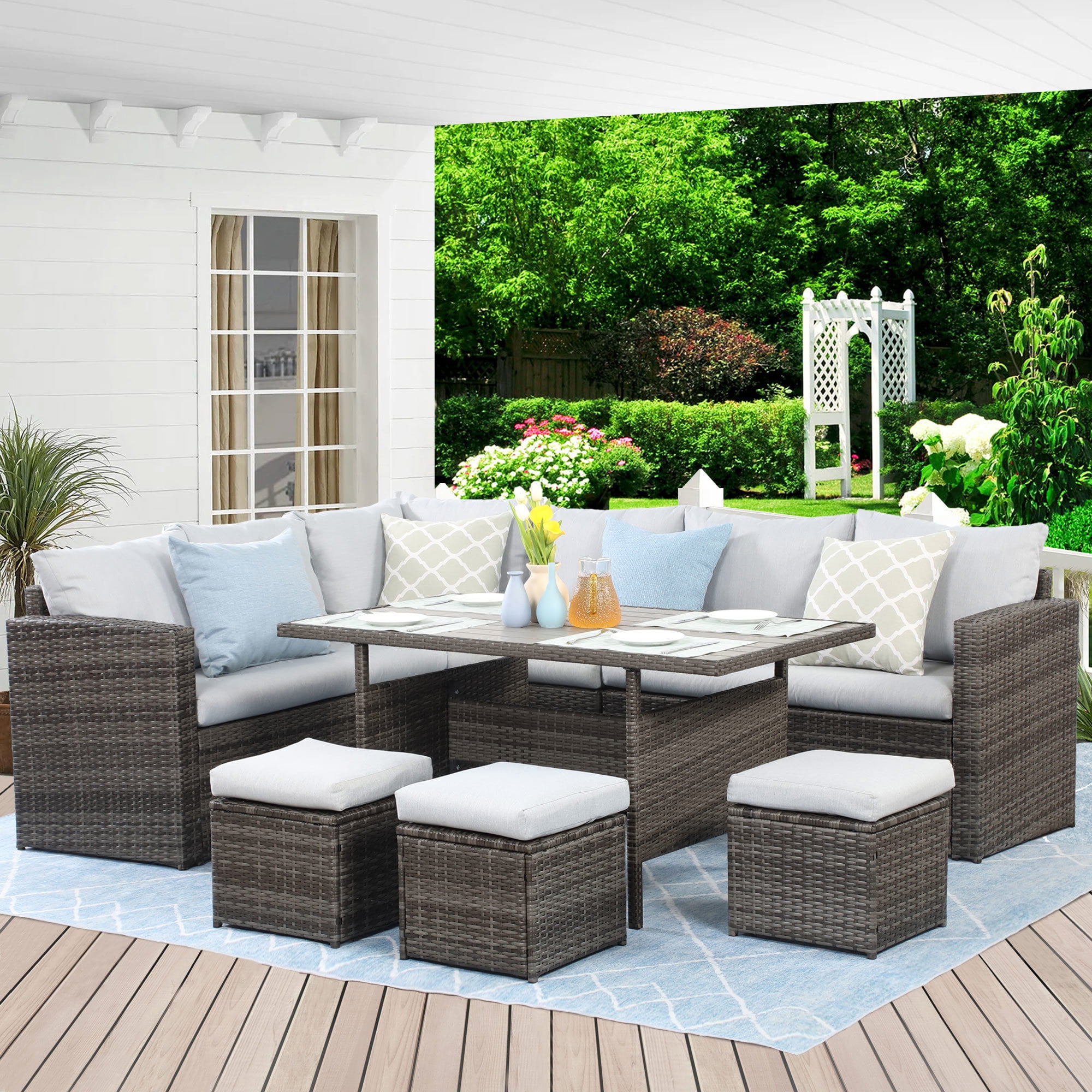CozyHom 7 Pcs Outdoor Sectional Dining Sectional Sofa Furniture Set, Outdoor Patio Rattan Wicker Sectional Conversation Couch With Dining Table, Gray