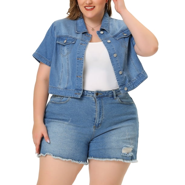 Chaquetas de mujer de talgrande Chaquetas de mancorcon lavado recortado de mezclilAzul claro XXL