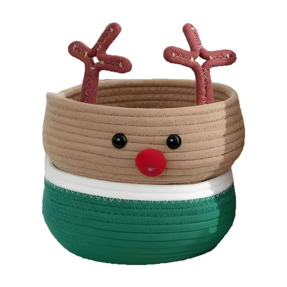 Christmas Storage Basket, Large Capacity Laundry Hamper, Khaki Reindeer Cotton Rope Woven Basket, Durable Non Woven Fabric Home Organizer, 20x20x20cm