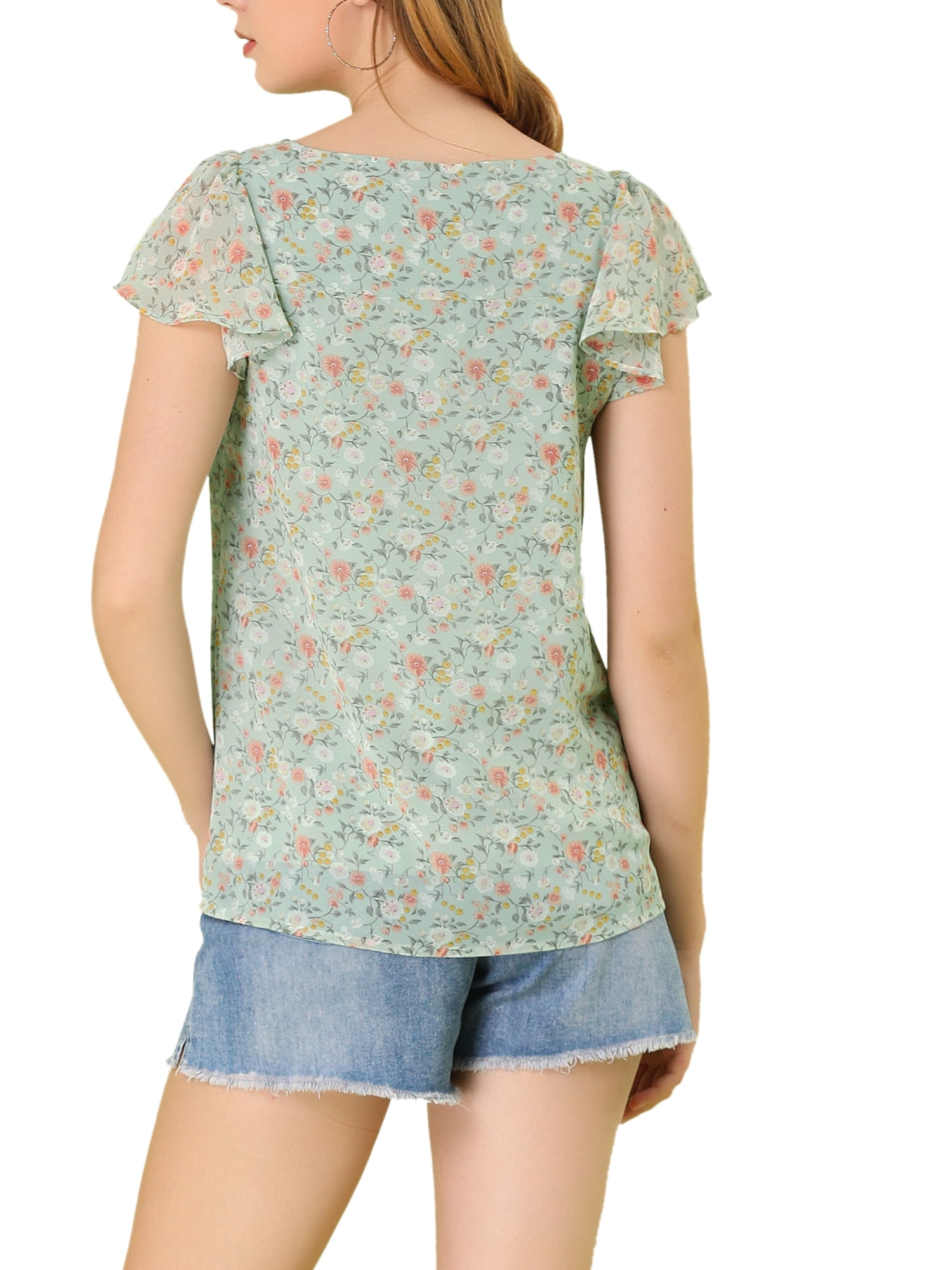 DARING DIVA Women's Floral Ruffle Sleeve Chiffon Blouse Top XS Green