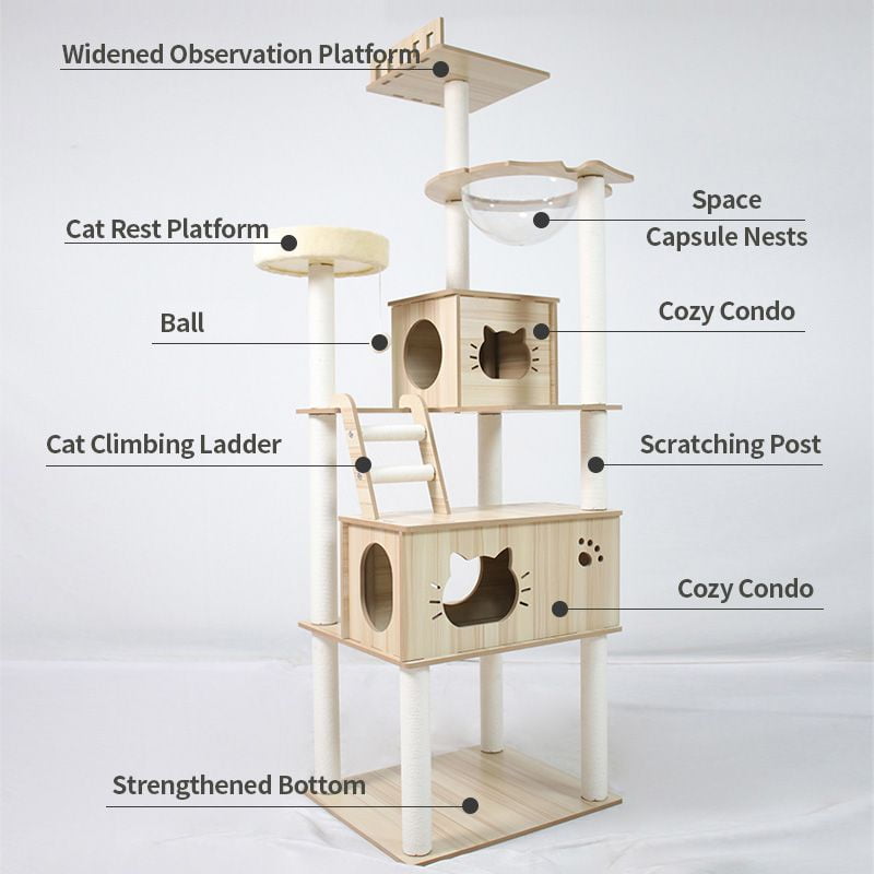 Cat Tree 71.7-Inch Tall Modern Cat Tower for Large Indoor Cats, Multi-Level Cat Condo with Caves, Dome, 4 Scratching Posts, Perch Jumping Platforms Scratching Posts, and Hideaways