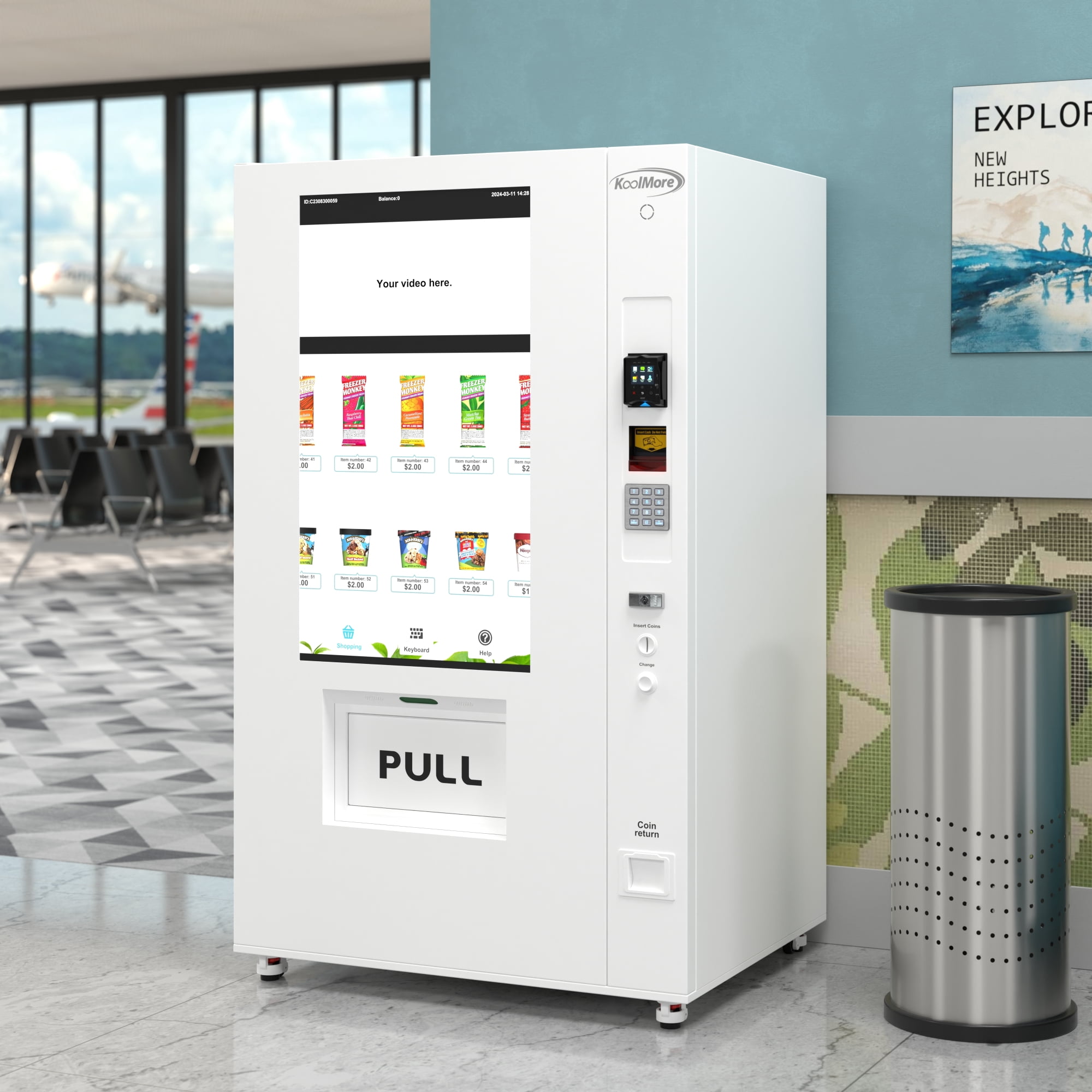 Freezer Ice Cream Vending Machine In White With 44 Slots Featuring Ample 49 Inch Touch Display, Bill Acceptor, Credit Card Reader, Wifi and 4G Connectivity