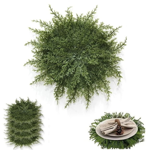 4PC Christmas Greenery Placemats, 15.75Inch Large Spring Summer Round Placemats with Artificial Pine Branches Winter Place Mats Dining Table Mats for Christmas Party Decorations (Green)