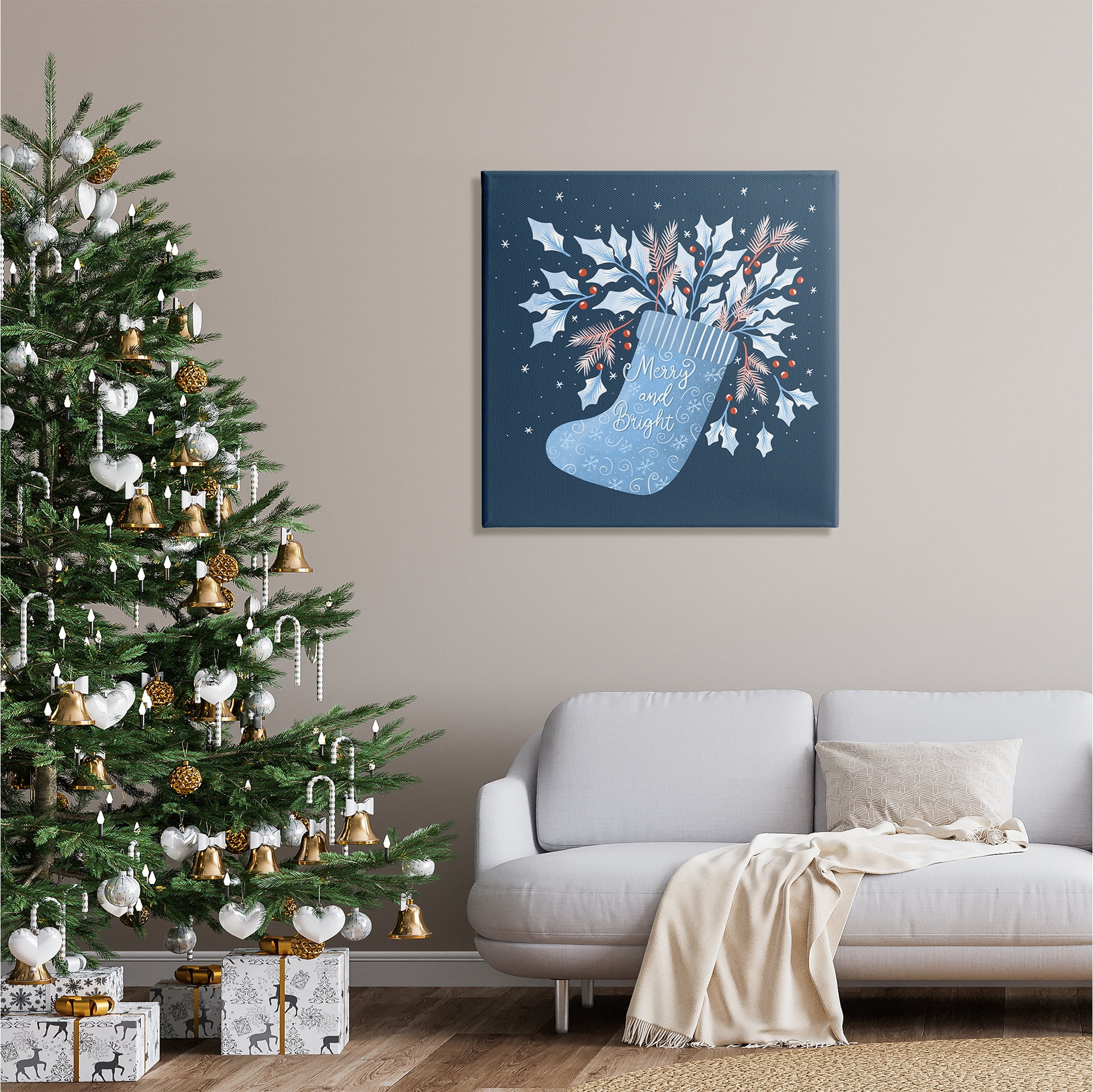 Stupell Industries Merry & Bright Seasonal Holly Berry Sprigs Stocking Graphic Art Gallery Wrapped Canvas Print Wall Art, Design by Dominika Godette