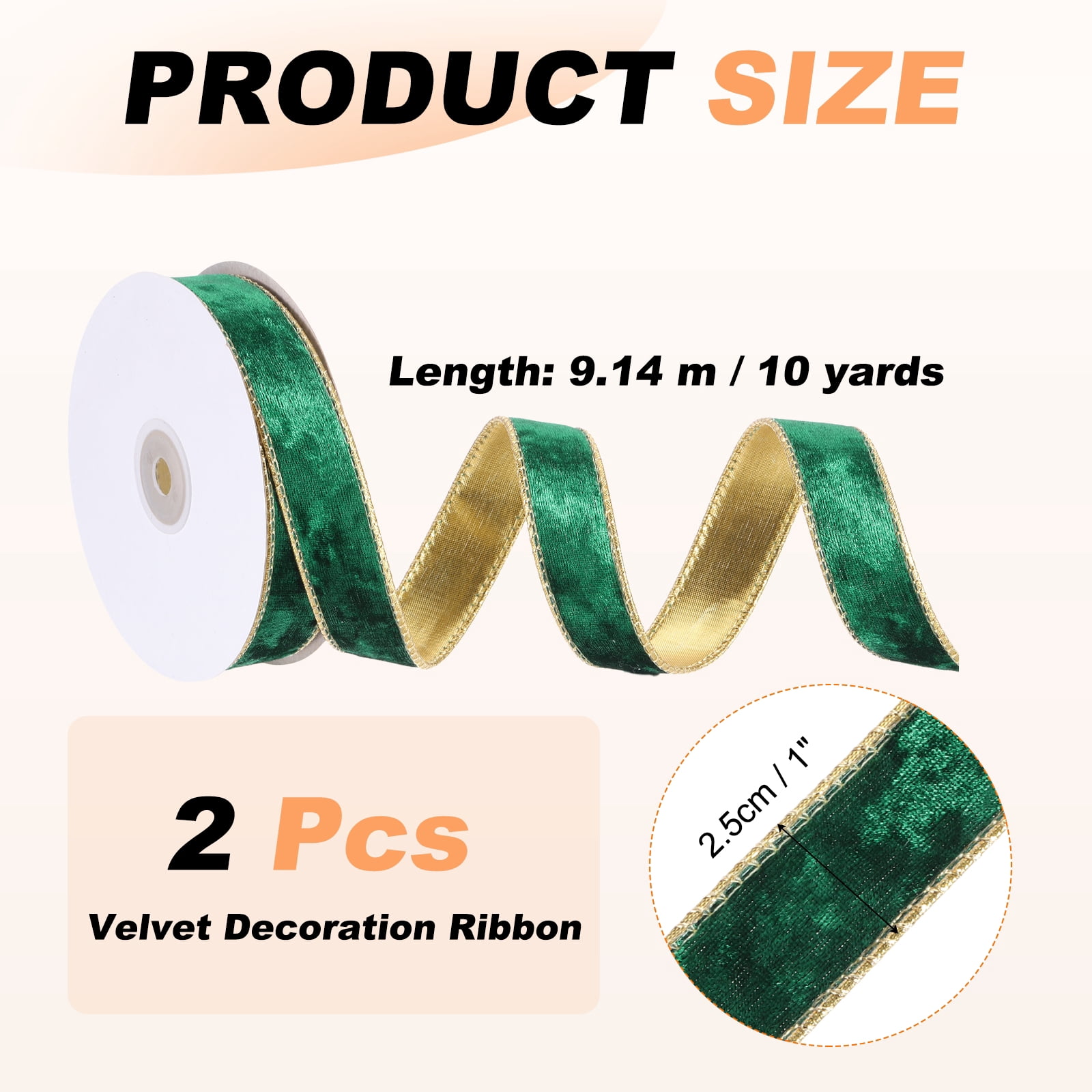 Uxcell Velvet Wired Ribbon, (1 Inch x 10 Yards, 2 Pcs)(Green) Velvety Gold Crushed Ribbons Gift Wrapping Binding, Suit For- Crafts/Bow/Wreaths/Christmas Tree Decoration