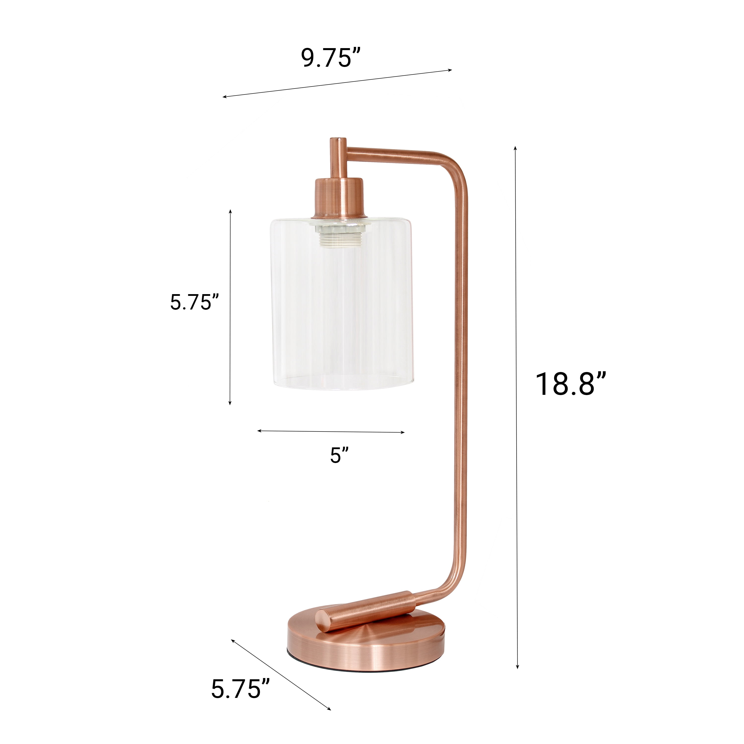 Creekwood Home 18.8" Vintage Industrial Curved Arm Desk Lamp & Glass Shade, Rose Gold