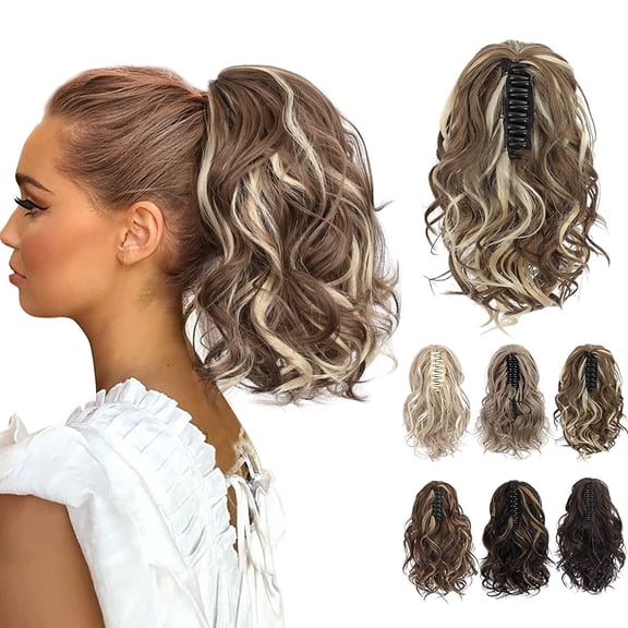 Ponytail Extension, Claw Clip in Ponytail Hair Extensions 10 Inch Short Curly Ponytail Natural Wavy Synthetic Hairpiece for Women Daily Use - Chestnut Brown with Beach Blonde Highlights