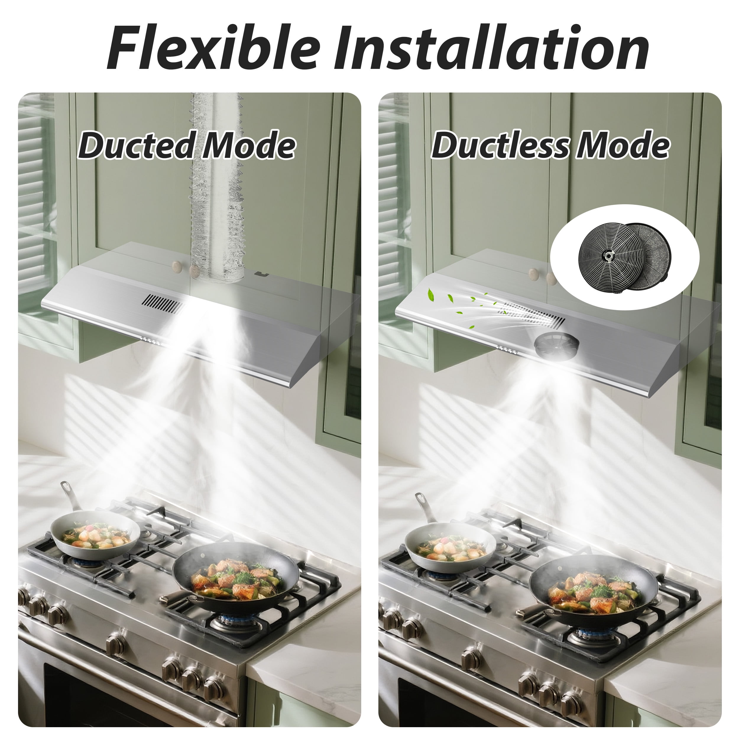 FIREGAS 36 Inch Under Cabinet Range Hood, 3 Speed, 200 CFM Ducted/Ductless Kitchen Hood, LED Lights