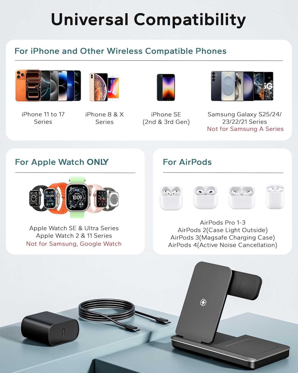 3 in 1 Charging Station for Apple Multiple Devices, Foldable Wireless Charger Stand for iPhone 17 16 15 14, Fast Travel Phone Charging Dock for Apple Watch Ultra 11 10 9 8, AirPods 4 3 Pro