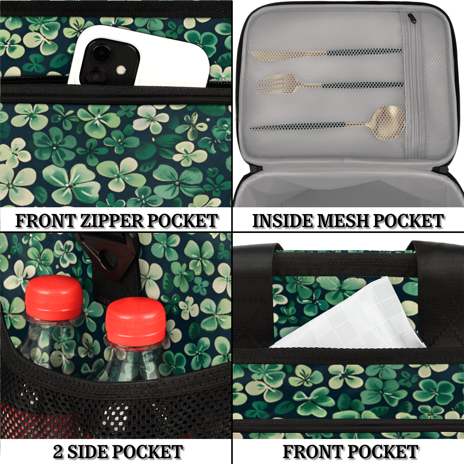 Herdesigns Happy St Patrick's Day Shamrocks Floral Leaves Large Lunch Box for Adults Women Men with Adjustable Shoulder Strap, Insulated Reusable Lunch Bag Leakproof Cooler Tote Bag