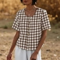 thumbnail image 2 of vigerkar Women's Gingham Button Down Shirt Cotton Shirt Plaid Blouses Short Sleeve Summer Tunic Tops Coffee, S, 2 of 7