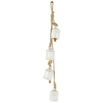 DecMode Tibetan Inspired Cascading White Metal Cluster Decorative Bells with 4 Bells on Jute Hanging Rope