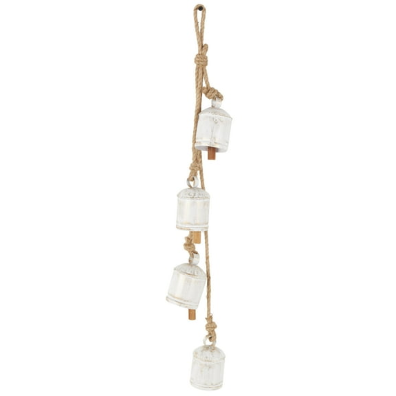 DecMode Tibetan Inspired Cascading White Metal Cluster Decorative Bells with 4 Bells on Jute Hanging Rope