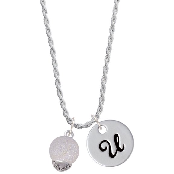 Delight Jewelry 12mm Stardust Round Silvertone Spinner Silvertone Script Initial Disc - U - Charm Necklace, 20"+3"