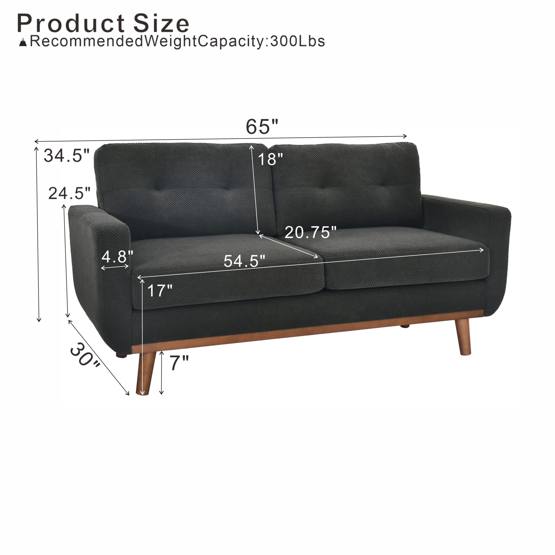 Noble House 65" Mid-Century Modern Loveseat Sofa, Nubby Upholstery, Solid Wood Legs, Dark Gray
