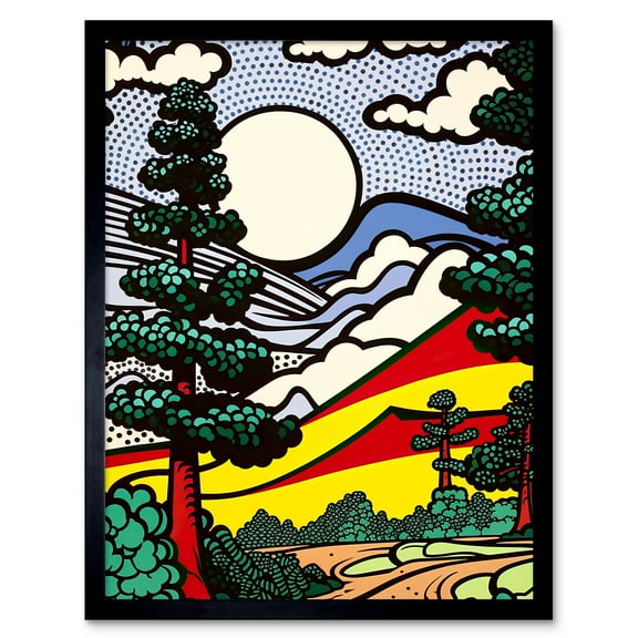 Modern Pop Art Forest Mountain Landscape Bright Colourful Comic Book Style Halftone Art Print Framed Poster Wall Decor 12x16 inch