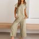 thumbnail image 3 of ICHUANYI Liquidación Conjuntos a juego de salón de 2 piezas de verano para mujer Trajes sólidos Lino Cuello redondo Tops de manga corta y pantalones largos Traje de chándal ICHUANYI WER2023082205064, 3 of 5