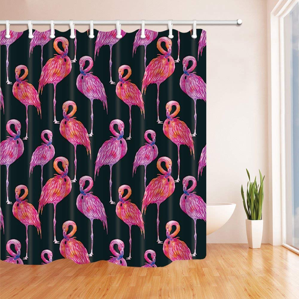 ARTJIA KOTOM Tropical Exotic Birds Watercolor Pink Flamingos in Black