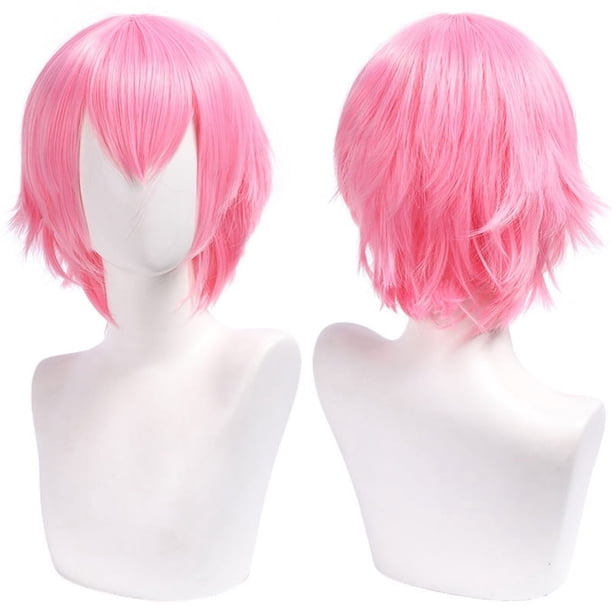 Zhuge Peluca de pelo corto unisex de anime, peluca de anime para cosplay, pelucas sintéticas resistentes al calor para fiesta de disfraces con flequillo, rosa claro