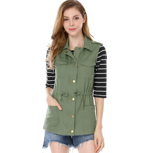 Chaleco Tipo Anorak Estilo Cargo Ligero Con Cordón Para Mujer Verde XS