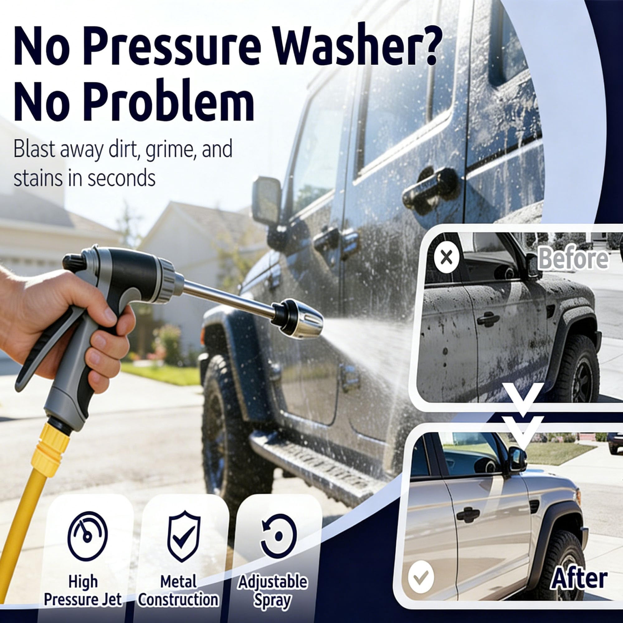 Garden Hose Nozzle Fits 1.18" Faucets & 1/2"–3/4" Hoses, 3 Spray Modes, 360° Adjustable Spray, Lock-On Trigger Reduces Fatigue, Durable Stainless Steel for Cars & Patios