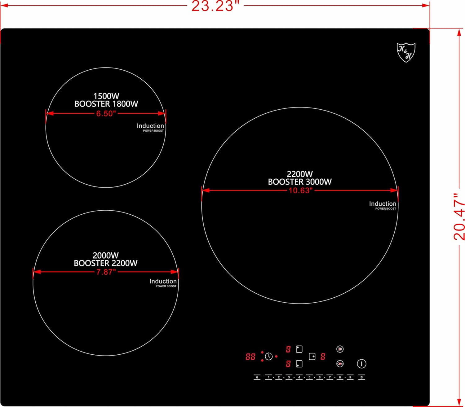 K&H 3 Burner 24 Inch Built-in Induction Electric Stove Top Ceramic Cooktop Touch Control 240V 6000W IN24-6803TB