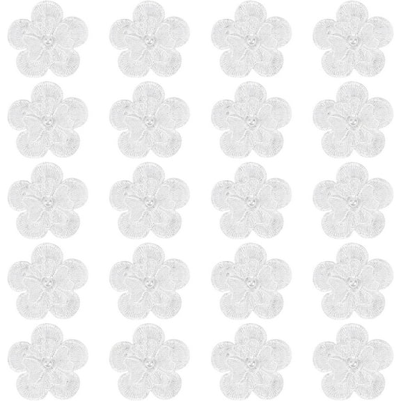 1 Bag 20Pcs White Embroidery Flowers Sew On Patches 3D 2 Layers 5-Petal Lace Flower with Imitation Pearl Lace Embroidered Appliques for Wedding Bridal Dress Embellishment DIY Sewing Crafts diy White
