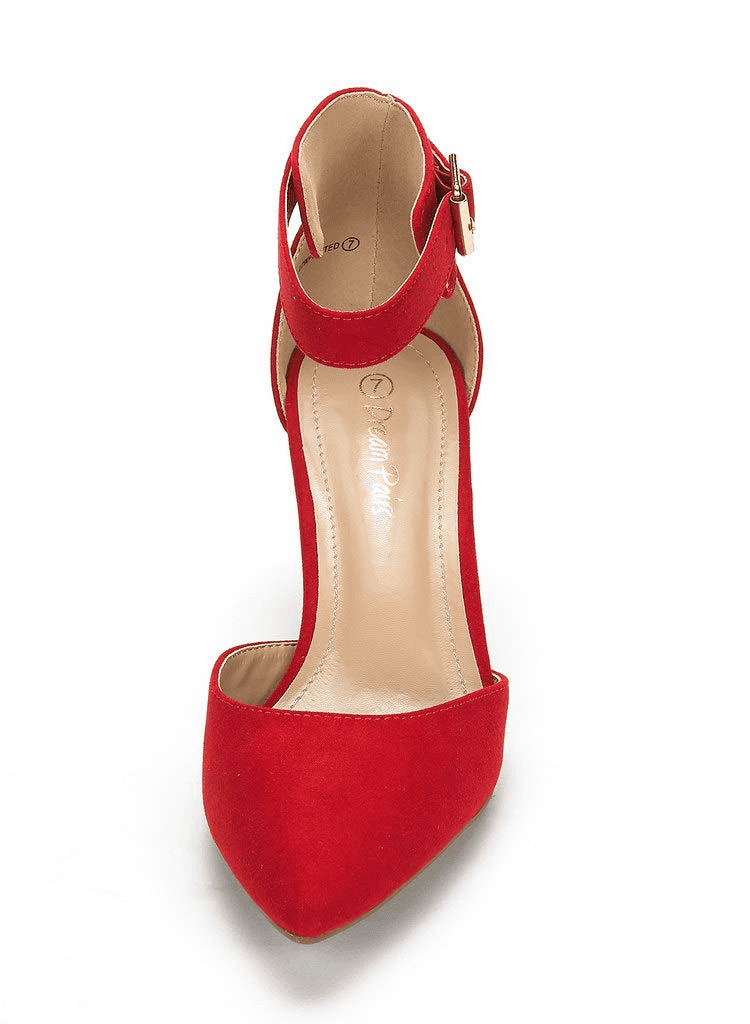 Red suede pumps with ankle strap clearance