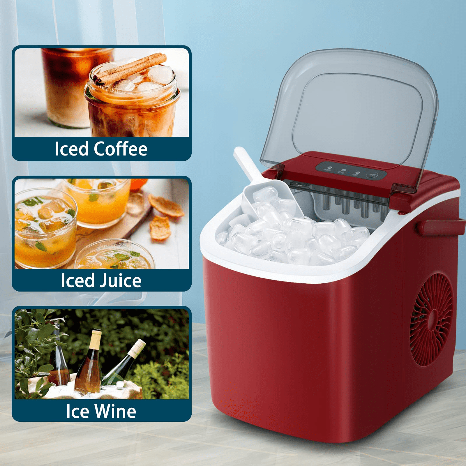 YUKOOL Desktop Ice Maker,Portable,9pcs/6-13min,26lbs/24H,Self Cleaning,With Ice Scoop,Red