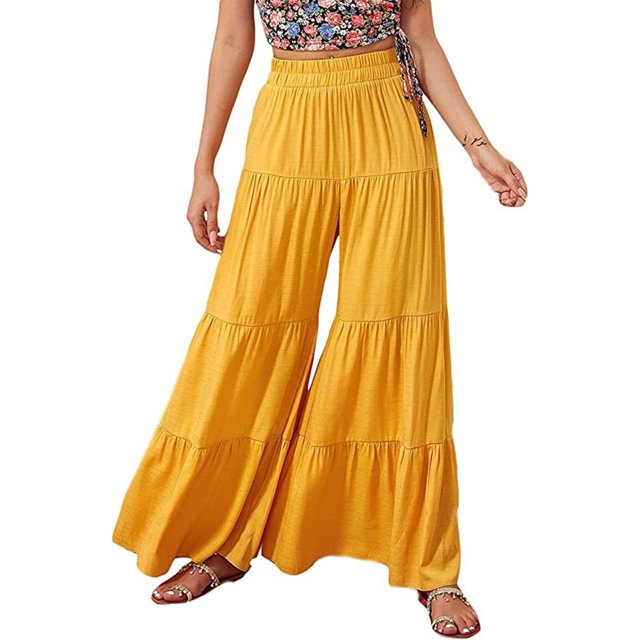 Pantalon Cargo Femme Élastique Couleurs Assorties Cordon de Serrage Pantalon de Sport Décontracté Ample Taille Haute Pantalon d'Été Femme Jaune P