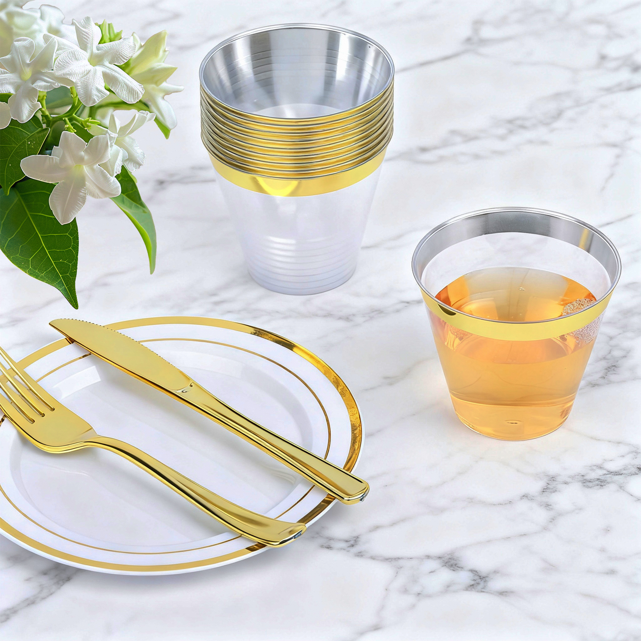 Family Essentials 9 Fl oz Gold Rim Clear Plastic Cups, 25 Count Disposable Cups for Coffee, Cocktails & Cold Drinks, BPA-Free Party Cups for Weddings & Everyday Use