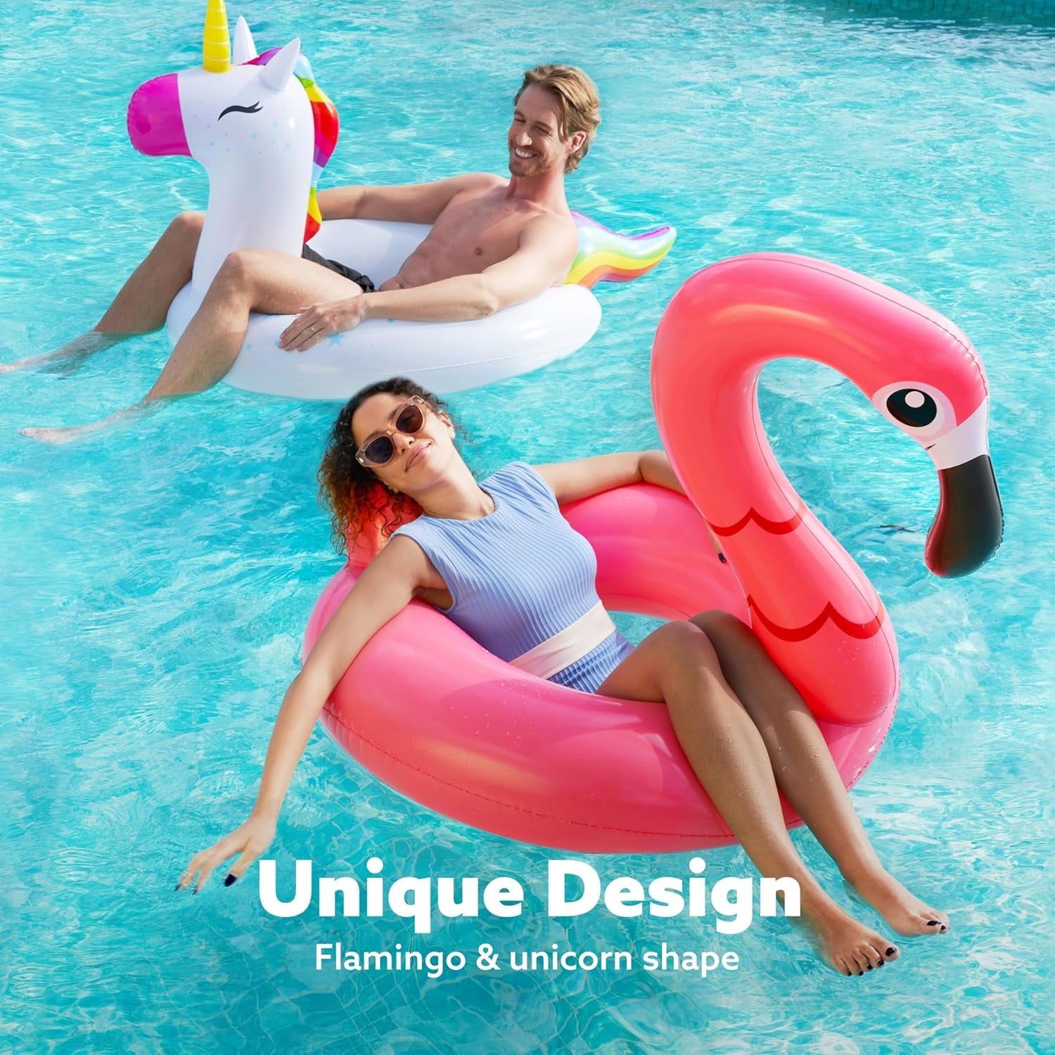 Joyfy 2-Pack Unicorn Flamingo Pool Floats, Pool Tubes for Floating, Fun Beach Floaties, Summer Party Pool Toys for Adults Kids