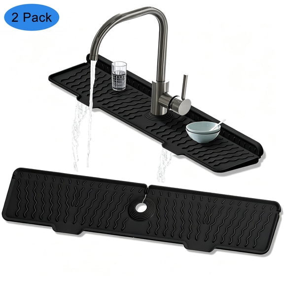 LQIQIZ 2 Pack Foldable Silicone Faucet Mat, 24’’ Sink Splash Guard, Kitchen Bathroom Faucet Drying Mat, Sink Edge Water Catcher Drain Mat, Countertop Protector Silicone Water Drip Tray