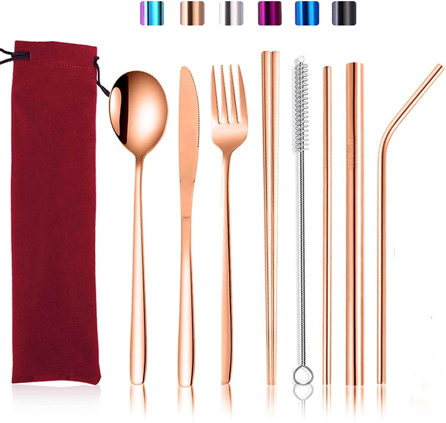 Fork Matte Copper Travel Utensils with Case Cleaning Brush Chopsticks Metal Portable Camping Cutlery Flatware Set Includes Knife Spoon E-far 8-Piece Reusable Travel Silverware Set Straws 