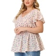 thumbnail image 2 of Women's Plus Size Peplum Top Flare Sleeve Casual V Neck Smocked Waist Floral Blouses Pink 4X, 2 of 7