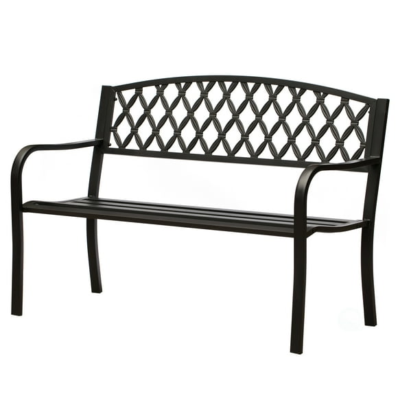 Gardenised Black Outdoor Garden Patio Steel Park Bench Lawn Decor with Cast Iron Back Seating bench, with Backrest and Armrest for Yard, Patio, Garden, Balcony, and Deck