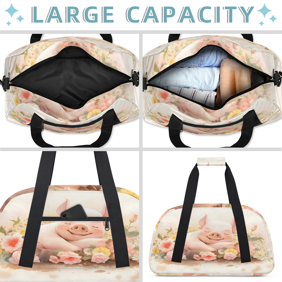 Herdesigns Cute Sports Duffle Bag for Women & Men, Flower Pig Gym Bag Dance Bag Overnight Bag Carry On Weekender Travel Bag
