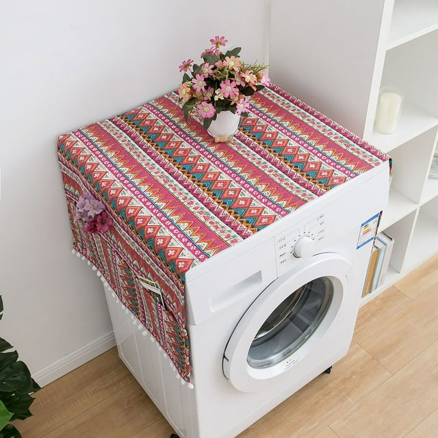 FHBVT Housse de Réfrigérateur Style Méditerranéen Bohème, Housse Anti-Poussière pour Machine à Laver Micro-Ondes Appareils Ménagers, Tissu en Lin avec Poche de Rangement pour Organisation Fonctionnelle Élégante
